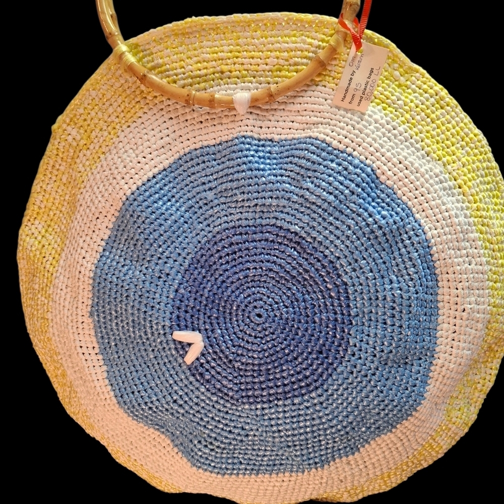 Handmade Round Concentric Circles Plastic Weave Bamboo Handles Large Purse Bag - Picture 2 of 16